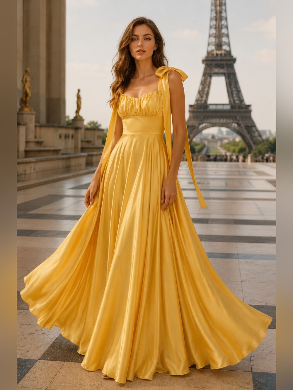 Cinderella Divine Yellow  Bow Tie Shoulder Strap Maxi Dress